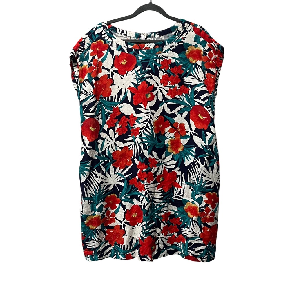 Jessica London Shift Dress Women 16 Red Floral Linen Blend Tropical Resort Beach